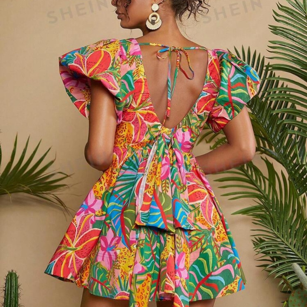 SHEIN VCAY Summer Beach Woman Tropical Print Butterfly Short Sleeve Dress L